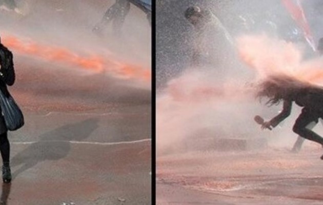 Τουρκάλα δημοσιογράφο εκσφενδόνισε στον αέρα το κανόνι νερού