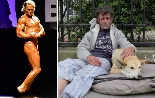 Άστεγος bodybuilder κάνει γυμναστική στο πεζοδρόμιο