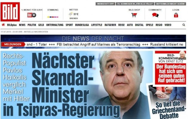 Bild κατά Χαϊκάλη: Υπουργός αυτός που παρομοίασε τη Μέρκελ με τον Χίτλερ