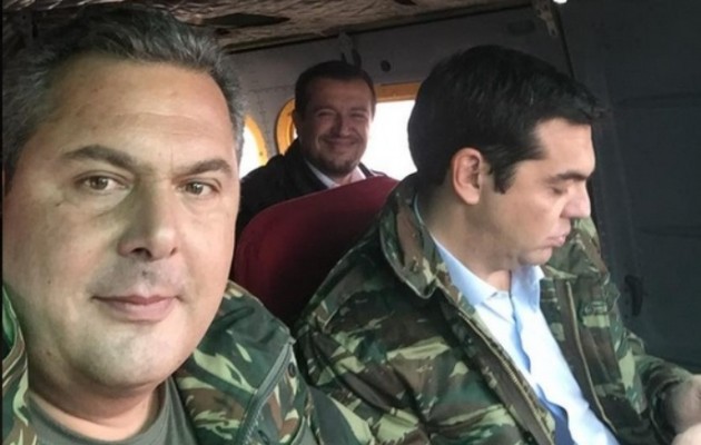 “Πολεμική” selfie Καμμένου, Τσίπρα, Παππά μέσα σε ελικόπτερο