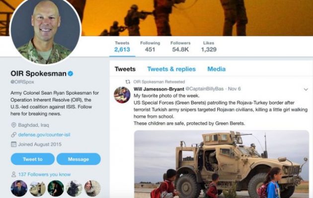 «Τρομοκράτες» ο τουρκικός στρατός σύμφωνα με retweet του εκπροσώπου του αμερικανικού στρατού