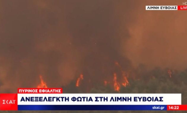 Ανεξέλεγκτη μαίνεται η πυρκαγιά στη Λίμνη Ευβοίας