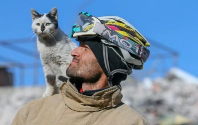 Σεισμός Τουρκία: Γάτα που βγήκε ζωντανή από τα ερείπια δεν εγκαταλείπει τον διασώστη της