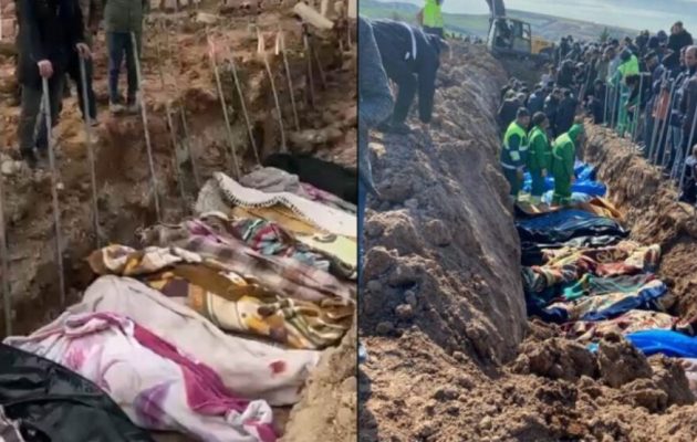 Τραβάνε πτώματα από τα ερείπια και τα θάβουν σε ομαδικούς τάφους τυλιγμένα με κουβέρτες