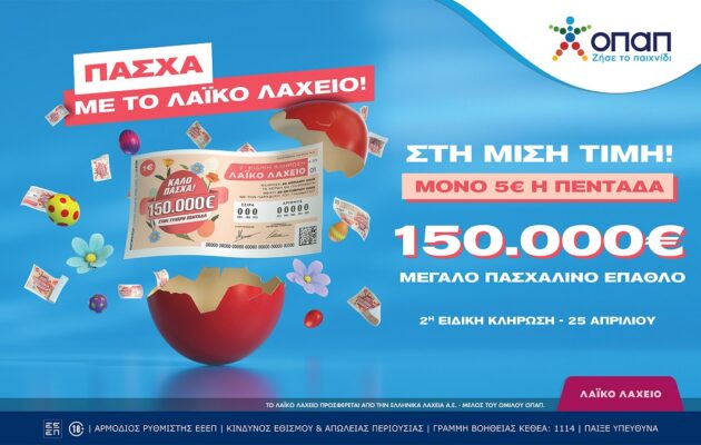 Λαϊκό Λαχείο: Την Παρασκευή 25 Απριλίου η ειδική κλήρωση – Στη μισή τιμή οι διαθέσιμοι λαχνοί και πασχαλινό έπαθλο 150.000 ευρώ στον μεγάλο νικητή
