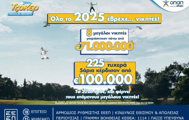 ΤΖΟΚΕΡ: 8 υπερτυχεροί μοιράστηκαν πάνω από 71 εκατ. ευρώ το 2025 – 225 νικητές της δεύτερης κατηγορίας κέρδισαν από 100.000 ευρώ