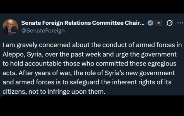 Ο πρόεδρος της Επιτροπής Εξωτερικών Σχέσεων της Γερουσίας καταδίκασε τις «αποτρόπαιες πράξεις» των συριακών δυνάμεων κατά Κούρδων πολιτών στο Χαλέπι