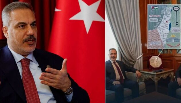 Ο Φιντάν «πόζαρε» δίπλα σε χάρτη της Παλαιστίνης δίχως το Ισραήλ – Οργή στην Ιερουσαλήμ